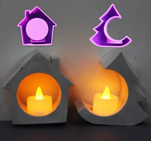 DIY silicone mold and concrete candle holder detail showcasing house and tree shape designs.