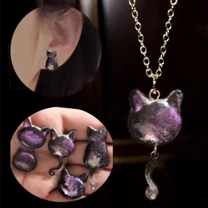 Handgemaakte hars kat hanger ketting oorbellen schattige glitter kitten sieraden set