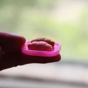 Miniatur Croissant Lebensmitteltablett mit winzigen rosa und braunen Gebäckstücken.