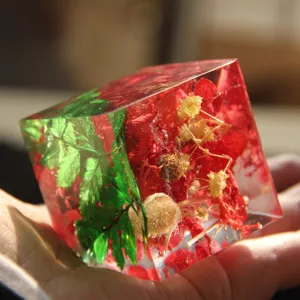 Primo piano dettagliato di un cubo in resina con fiori secchi e foglie verdi alla luce.