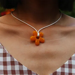 Handmade orange resin flower pendant necklace with white cord aesthetic cute jewelry accessory