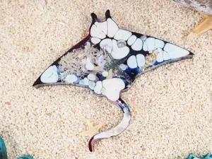 Epoxy resin stingray craft detail showing embedded starfish and shells on sandy background.
