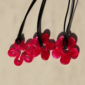 Pink translucent resin flower pendant necklace with black cord chic cute floral jewelry style