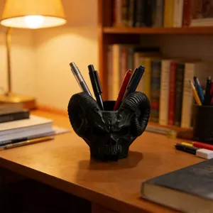 Detailed shot of a black gothic skull ram pen holder on a cozy wooden desk with warm lamp light.
