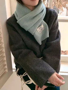Cozy light blue knit scarf for women, soft solid color Korean style winter warm neck warmer.