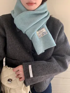 Soft blue knitted scarf for women, cozy winter warm minimalist neck wrap, Korean style daily wear.