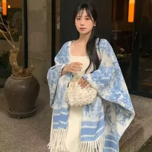 Women early autumn blue white print shawl cape fashion elegant tassel scarf for dress outfit