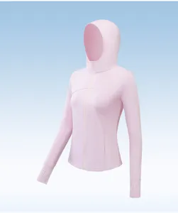 Pink women sun protection hoodie detail, lightweight breathable fabric, zipper and thumb holes.