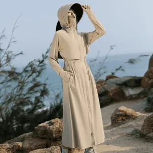 Long full-body sun protection coat for women with hood, ideal for outdoor summer sun protection.