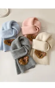 Cute teddy bear knit scarf for women, thick warm winter neck warmer with lovely bow accent.