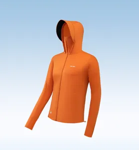 Orange sun protection hoodie with full zipper, face mask and thumb holes for outdoor wear.