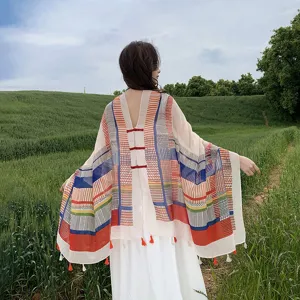 Colorful block printed frog button shawl cape for women, summer beach sun protection scarf.