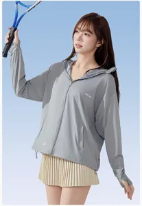 Unisex grey sun protection hoodie detail, lightweight jacket featuring UPF100+ UV blocking fabric.