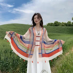 Colorful block pattern shawl with Chinese knot buttons, lightweight summer beach sun protection cape.