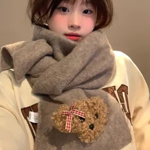 Cozy thick winter knitted scarf with cute plush teddy bear and plaid bow for women.