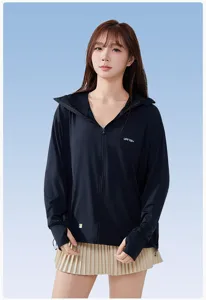Black lightweight sun protection jacket with hood, long sleeves, and UPF100+ UV block.