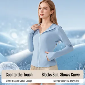 Felpa con cappuccio donna protezione solare UV, giacca leggera manica lunga estiva.