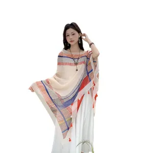 Women colorful block sun protection shawl scarf summer beach travel thin cape outerwear