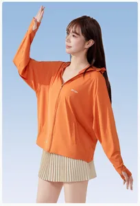 Detailed view of the orange sun protection hoodie featuring high UV blocking and lightweight design.