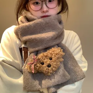 Cozy winter knitted scarf with cute curly bear plush and plaid bow for women warm neck wrap