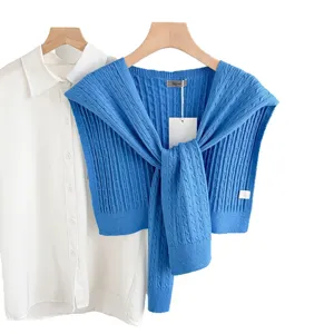 Blue knit shawl paired with white shirt, stylish fake collar sweater scarf for women spring autumn.