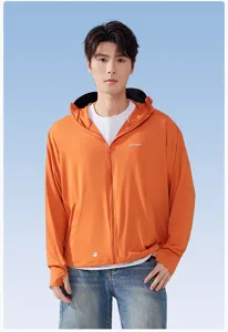 Detail view of the orange hooded sun protection jacket with UPF100+ and zip closure.