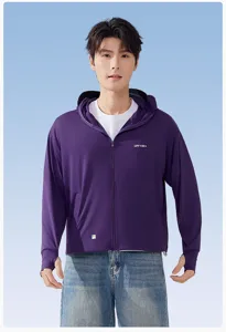 Detailed view of a purple sun protection hoodie jacket with UV block for outdoor wear.