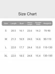 Size chart for women sun protection clothing, detailed dimensions including length.