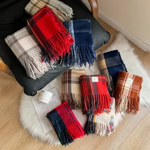 Classic plaid winter scarf with cozy tassel fringe, soft warm shawl for women and students.