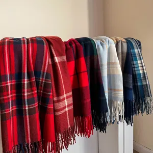 Classic winter warm plaid scarf stylish fringe tartan shawl cozy soft winter neck wrap
