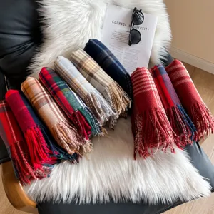 Women's winter plaid scarf, cozy warm tassel shawl, Korean style fashion winter neck warmer.