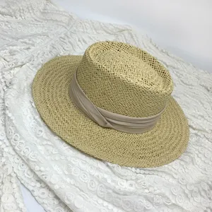 French style flat top straw hat with ribbon detail, elegant wide brim sun hat for summer.