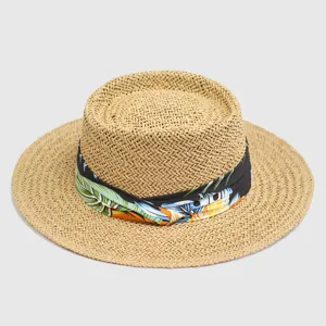 Stylish women's straw hat with tropical print band, wide brim flat top sun hat for beach.