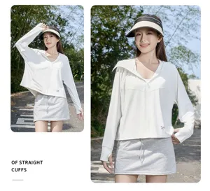 Lightweight outdoor sun protection hoodie detail, white hooded zip jacket with straight cuffs.