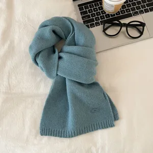 Blue knitted wool scarf winter thick warm soft casual solid color cold proof neckerchief detail