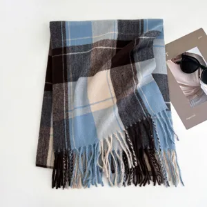 Cozy winter blue plaid tassel scarf warm knit casual wrap elegant style winter fashion accessory