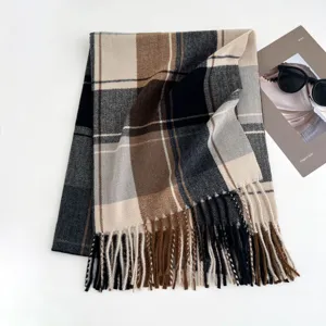 Classic plaid winter scarf with fringe hem, soft warm cozy checkered shawl for women.