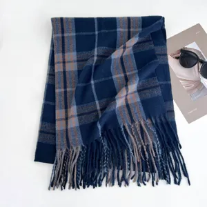 Classic blue and brown plaid scarf for women, cozy winter tassel wrap and warm neck warmer.