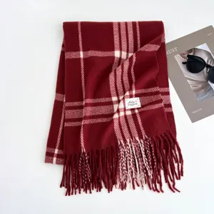 Red plaid winter scarf with cozy tassels, stylish warm checkered shawl for women fashion.