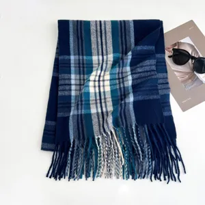 Detailed view of winter blue plaid scarf with stylish tassels, cozy knit fabric and warm design.