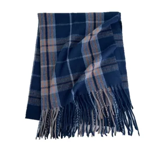 Classic blue plaid winter scarf with cozy fringes, warm knitted fashion accessory for women.