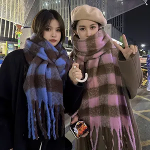 Winter thick mohair plaid scarf detail view, stylish Korean couple warm winter neck scarf.