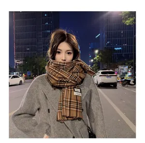 Korean style soft imitation cashmere plaid scarf, winter colorblock warm neck warmer for women