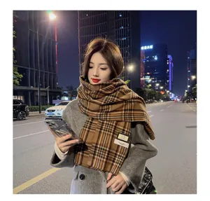 Winter warm imitation cashmere plaid scarf for women, classic British style soft cozy wrap.
