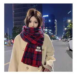 Korean style soft imitation cashmere plaid scarf for women winter warm stylish neck wrap