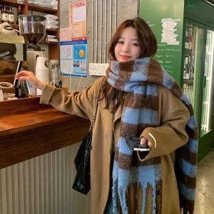 Cozy winter blue and brown plaid mohair scarf for women, thick warm checkered winter neck wrap.