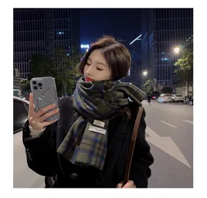 Korean style imitation cashmere plaid scarf winter warm green blue color block neckerchief