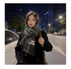 Korean style soft imitation cashmere plaid scarf for women, winter warm color-block scarf.