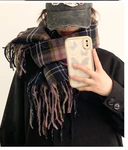 Winter plaid tassel scarf for women, retro tartan warm neck wrap, cozy daily outfit accessory.