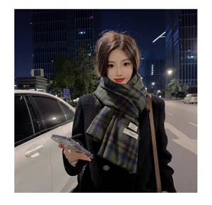 Korean style soft imitation cashmere plaid scarf winter warm colorblock neck warmer for women